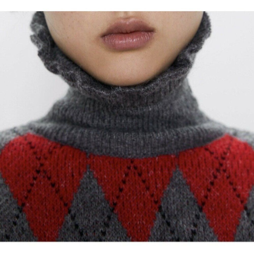 Zara Womens Argyle Sweater Turtleneck Ruffle Gray Red S Small NWT - Picture 4 of 8